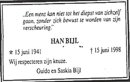 Advertentie van het overlijden van Johan (Han) Bijl