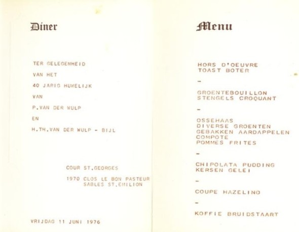 Menu 40 jarig huwelijk Hendrika Thresina Bijl en Pieter van der Wulp