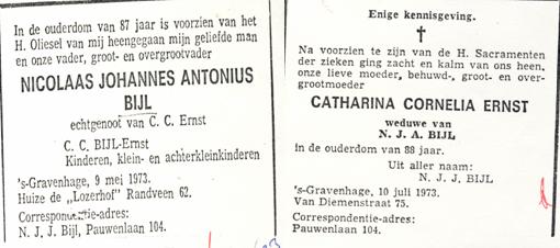 Overlijdensadvertentie van Nicolaas Johannes Antonius Bijl en Catharina Cornelia Ernst