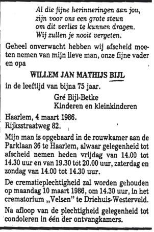 Overlijdensadvertentie Willem Jan Matthijs Bijl