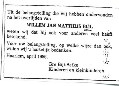 Bedankje overlijden Willem Jan Matthijs Bijl