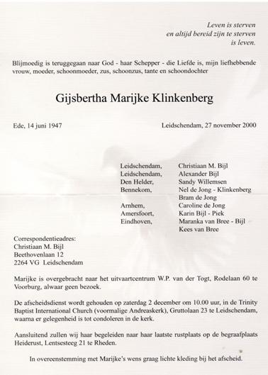 Overlijdensadvertentie van Gijsbertha Marijke Klinkenberg