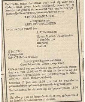 Advertentie overlijden Louise Maria Bijl