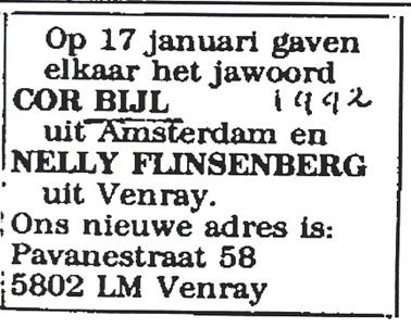 Advertentie van het huwelijk van Cornelis Benjamin Bijl en Petronella Maria Wilhelmina Carolina (Nelly) Flinsenberg