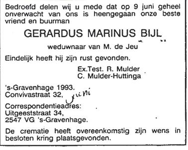 Overlijdensadvertentie van Gerardus Marinus Bijl