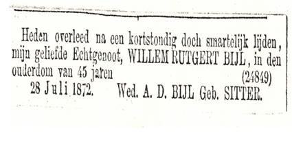 Advertentie overlijden Willem Rutgert Bijl