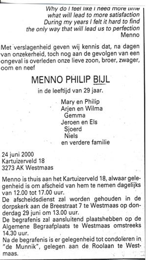 Advertentie overlijden Menno Philip Bijl