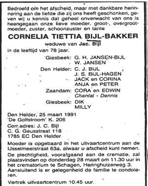 Overlijdensadvertentie van Cornelia Titia Bakker