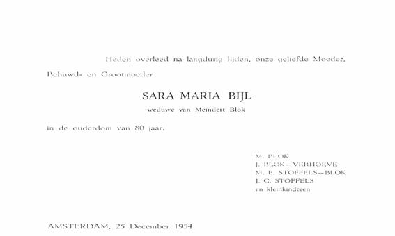 Overlijden Sara Maria Bijl