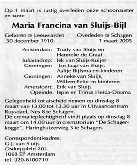 Overlijden Maria Francina Bijl