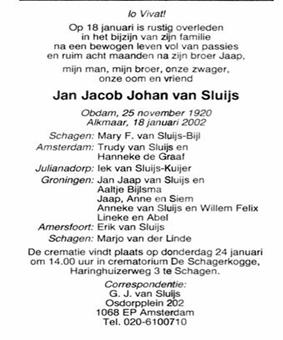 Overlijden Jan Jacob Johan van Sluijs