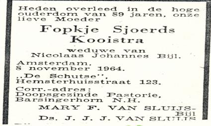 Overlijden Fopkje Sjoerds Kooistra