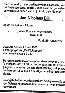 Overlijdensadvertentie van Jan Nicolaas Bijl