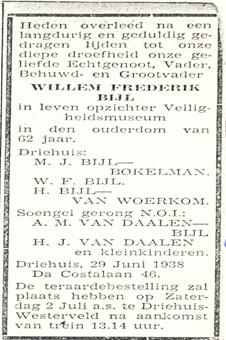 Overlijden Willem Frederik Bijl