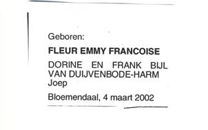 Advertentie geboorte van Fleur Emmy Francoise Bijl van Duijvenbode