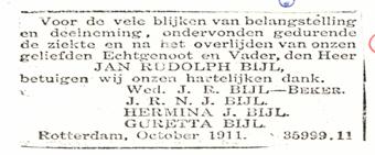 Overlijden Jan Rudolph Bijl