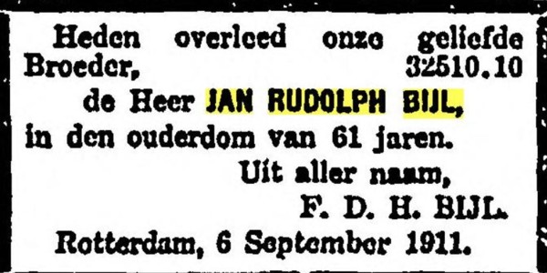 Overlijden Jan Rudolph Bijl