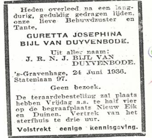 Overlijden Guretta Josephina Bijl