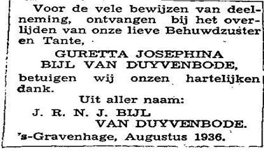 Bedankje overlijden Guretta Josephina Bijl