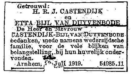 Bedankje huwelijk Guretta Bijl van Duijvenbode en Henry Robertus Joan Castendijk