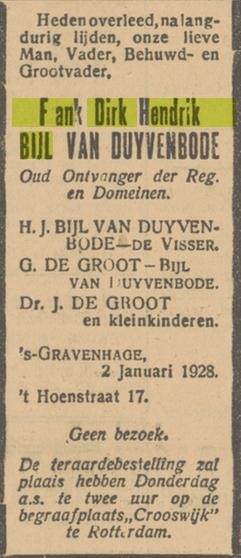 Advertentie overlijden Frank Dirk Hendrik Bijl van Duijvenbode