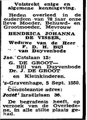 Advertentie overlijden Hendrica Johanna de Visser