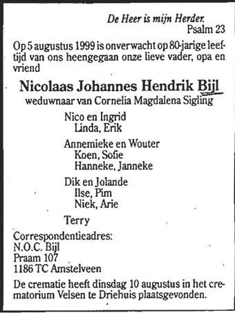 Overlijdensadvertentie van Nicolaas Johannes Hendrik Bijl