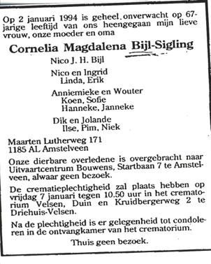 Overlijdensadvertentie Cornelia Magdalena Sigling