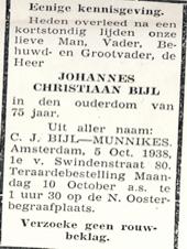Overlijden Johannes Christiaan Bijl