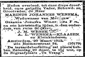 Advertentie overlijden Marinus Johannes Wensma